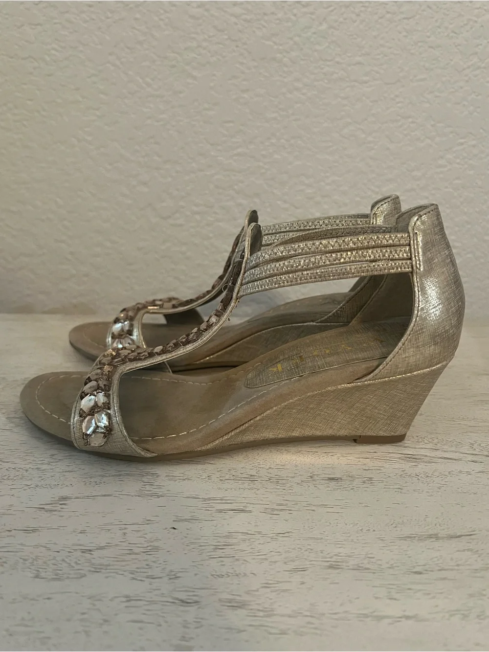 New York Transit Beige T-Strap Wedge Sandals with Gem Accents
